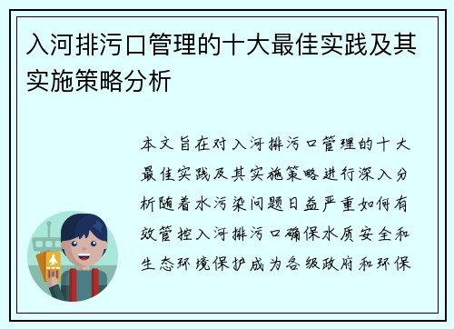 入河排污口管理的十大最佳实践及其实施策略分析
