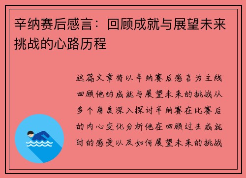 辛纳赛后感言：回顾成就与展望未来挑战的心路历程